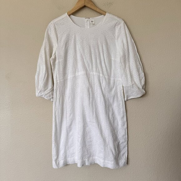 GAP WHITE A LINE BALLOON SLEEVE EYELET DRESS NWT SIZE 10 Hidden Back Zipper - Picture 2 of 10